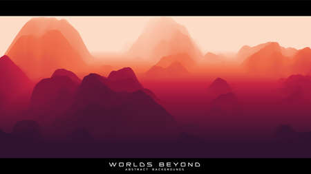 Fog over mountains. Vector landscape panorama. Abstract red gradient eroded terrain. Worlds beyond