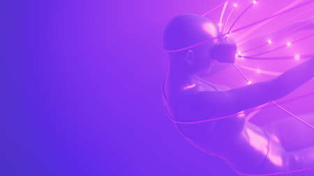 Woman in VR glasses hang on cables in neon space. Metaverse avatar concept. Ultraviolet cyberpunk...