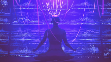 Woman in VR glasses trade cryptocurrency on DEX exchange in metaverse. Human interact with defi trading platform in virtual decentalized reality. Cyberpunk crypto 3d render illustrationの写真素材