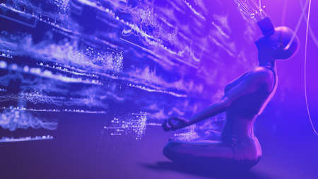 Woman in VR glasses trade cryptocurrency on DEX exchange in metaverse. Human interact with defi trading platform in virtual decentalized reality. Cyberpunk crypto 3d render illustrationの写真素材
