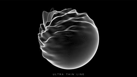 Distorted line spheres. Vector thin line glitch geometry. Digital fractal 3d swirl. Futuristic sound or data waveform.のイラスト素材