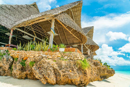 Restaurant on the rock on a beach. Zanzibar, Tanzania.のeditorial素材