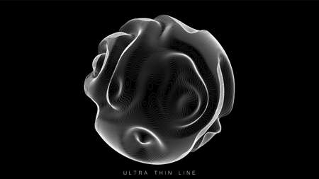 Ultra thin line fluid geometry. Dynamic vector distorted spheres. Digital fractal 3d swirl. Futuristic sound or data waveform. Chaotic particle wave motion trails.のイラスト素材