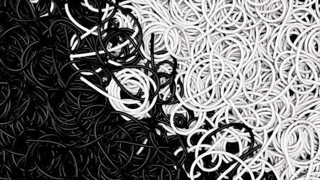 Background covered with a pile of tangled black and white wires. 3d render illustration.の写真素材