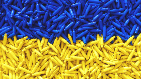 Background with bullets in the colors of Ukraine flag. War in Ukraine concept. 3d render...