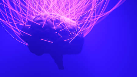 Brain with many connected wires. Metaverse cyberpunk concept. Futuristic neuron link. 3d render illustration.の写真素材
