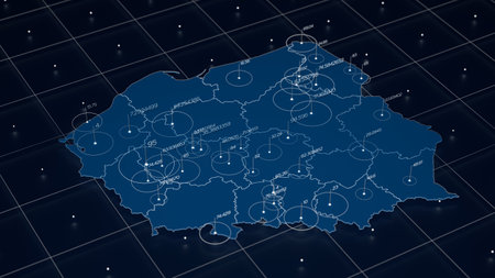 Poland blue map big data visualization. Futuristic map infographic. Information aesthetics. Visual data complexity. Complex Poland data graphic visualization. 3d render illustration.の写真素材