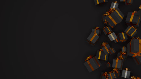 Rotating Black Friday Sale gift boxes with golden ribbon background. 3d render illustration.の写真素材