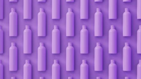 Lavender cosmetic bottles with soft shadow fill background. Perfect ordered bottles hexagonal layout. 3d render illustration.の写真素材