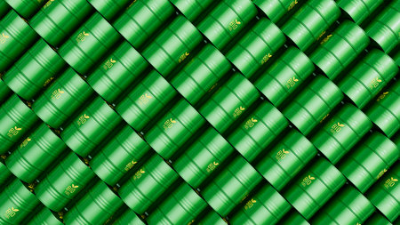 Many green biofuel barrels or biodiesel drums shot from top. Sustainable energy concept. 3d render...