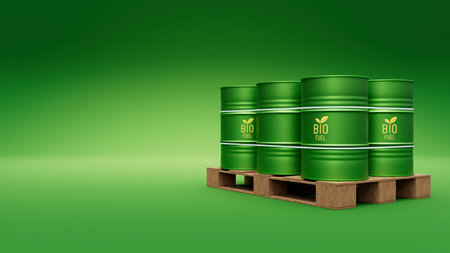 Pallet of green biofuel barrels or biodiesel drums. Sustainable energy concept. 3d render illustration.の写真素材