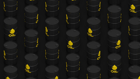 Black oil or petroleum barrels. Gasoline or crude oil containers 3d render illustration. Fuel industry.の写真素材