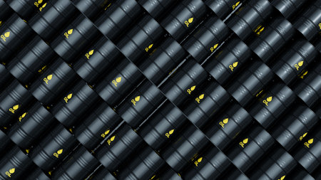 Many black oil or petroleum barrels shot from top. Gasoline or crude oil containers. Fuel industry...
