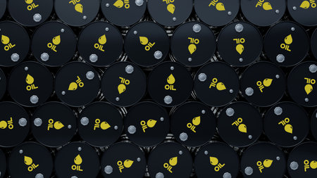 Wall of black oil or petroleum barrels. Gasoline or crude oil containers. Fuel industry 3d render...