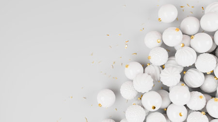 Happy New Year white baubles with glitter, Christmas decoration. Realistic 3d render illustration of white balls on light background.の写真素材