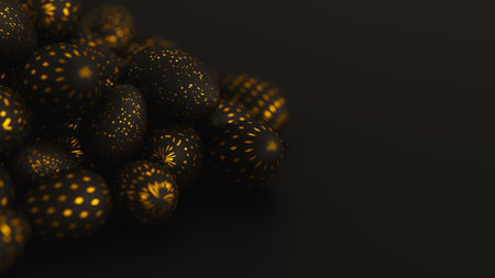 Bunch of black easter eggs with golden ornament on dark background. 3d render illustration.の写真素材