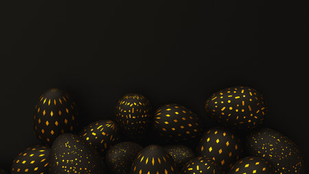 Bunch of black easter eggs with golden ornament on dark background. 3d render illustration.の写真素材