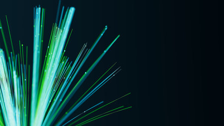 Illuminated cyan fiber optic cables with moving data. Glowing internet data streams. Digital transmission. 3d render illustration.の写真素材