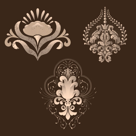 Vector set of damask ornamental elements. Elegant floral abstract elements for design. Perfect for invitations, cards etcのイラスト素材