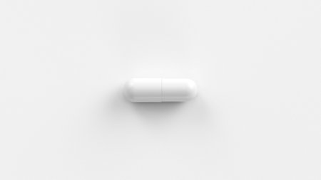White single pill isolated on a white background. Tablet, pill capsule top view, flat lay. 3d render illustration .の写真素材