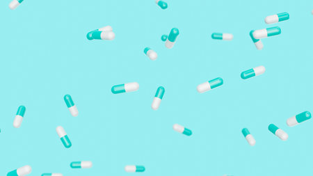 Turquoise white capsules fall against blue backdrop. Drugs, pills, tablets, medicine concept. 3d...