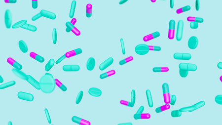 Cyan violet capsules, tablets and pills against blue backdrop. Drugs, pills, tablets, medicine concept. 3d render illustration.の写真素材