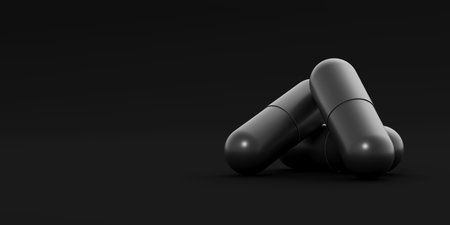 Three black capsules, pills lay on black background. Medicinal treatment, tablet, cure concept. Place for text. 3d render illustrationの写真素材
