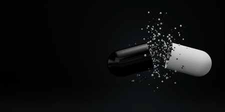 Close up of open black white capsule with remedy fly out isolated on black background. Drug, tablet, capsule, pill medicine research concept. 3d render illustrationの写真素材