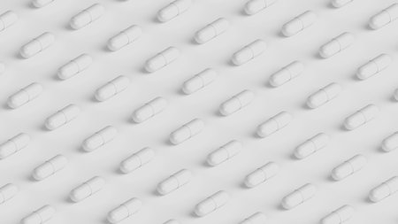 Many white capsules on white background, tablet grid. Drug, tablet, pills top flat view. 3d render illustration.の写真素材
