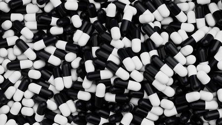 Top view on black white pills mixed background. Drugs, pills, tablets, medicine concept. 3d render illustration.の写真素材