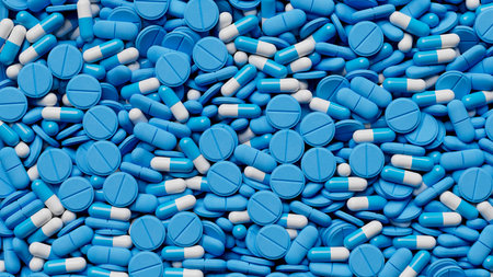 Blue white tablets fill the screen, pills background . Drugs, pills, tablets, medicine concept. 3d...