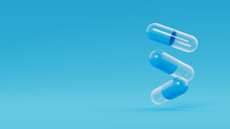 Three blue and transparent empty capsules, pills float on blue background. Medicinal treatment, tablet, cure concept. Place for text. 3d render illustrationの写真素材