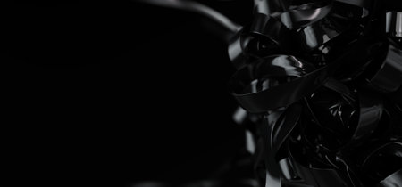 Closeup of black reflective stripes ball. Shiny dark threads folds. 3d render illustration