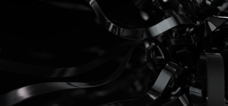 Closeup of black reflective stripes ball. Shiny dark threads folds. 3d render illustrationの写真素材