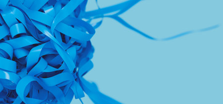 Closeup of blue holographic neon stripes ball. Shiny iridescent threads folds. 3d render...