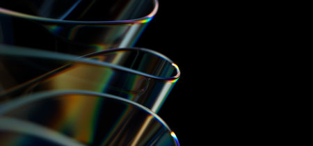 Macro of transparent iridescent glass curved stripe with extreme depth of field. Place for text....