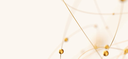 Golden balls on curved wire as in quantum space. Spheres as atoms or planetary structure concept. 3d render illustrationの写真素材