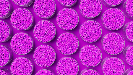 Top view on grid of glasses filled with violet plastic polypropylene granules, masterbatch polymer grain. HDPE or PVC resin pellets. 3d render illustrationの写真素材