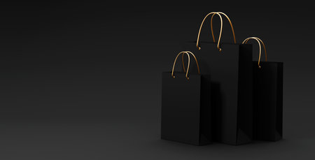 Black Friday Sale 3d illustration with 3 black shopping bags with golden handles standing on black background. Shopping offer business concept. Sale advertisement backdrop.の写真素材