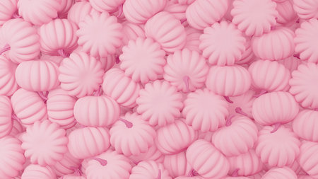 Background with many pink pumpkins filling screen. Halloween backdrop. 3d render illustrationの写真素材