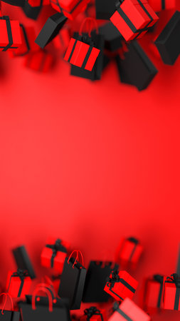 Black Friday Sale 3d illustration with shopping bags and gift boxes floating on red background. Shopping offer business concept. Sale advertisement backdropの写真素材