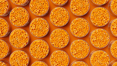 Top view on grid of glasses filled with orange plastic polypropylene granules, masterbatch polymer grain. HDPE or PVC resin pellets. 3d render illustrationの写真素材