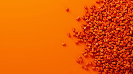 Closeup top view on orange plastic polypropylene granules heap on orange backdrop, masterbatch...