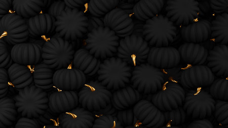 Background with many black pumpkins filling screen. Halloween backdrop. 3d render illustration