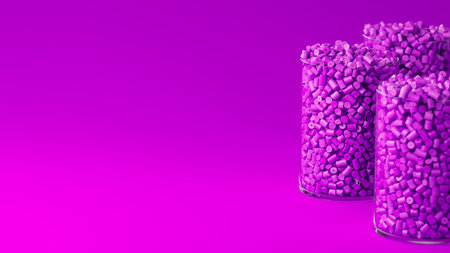 Side view on three glasses with purple plastic polypropylene granules, masterbatch polymer grain, on...