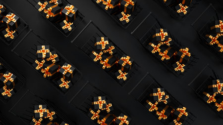 Black Friday Sale 3d illustration with shopping carts filled with gift boxes on black background. Shopping offer business concept. Sale advertisement backdrop.の写真素材