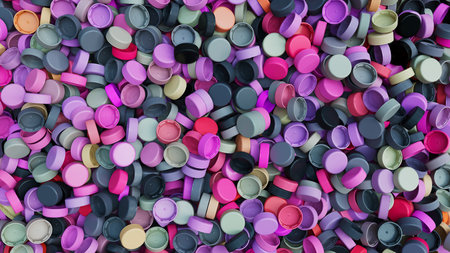 Top view on a pile of colorful plastic bottle caps. Plastic industry product. Garbage reuse. 3d...