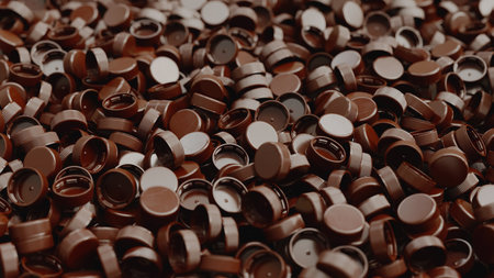 Side view on a pile of brown plastic bottle caps with shallow DOF. Plastic industry product. Garbage reuse. 3d render illustrationの写真素材
