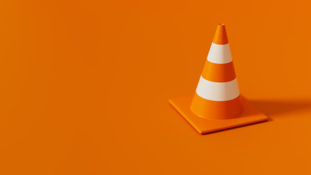 Orange Traffic cone isolated on orange background. Safety warning or under construction symbol. 3d render illustrationの写真素材