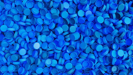 Top view on a pile of colorful plastic bottle caps. Plastic industry product. Garbage reuse. 3d render illustrationの写真素材